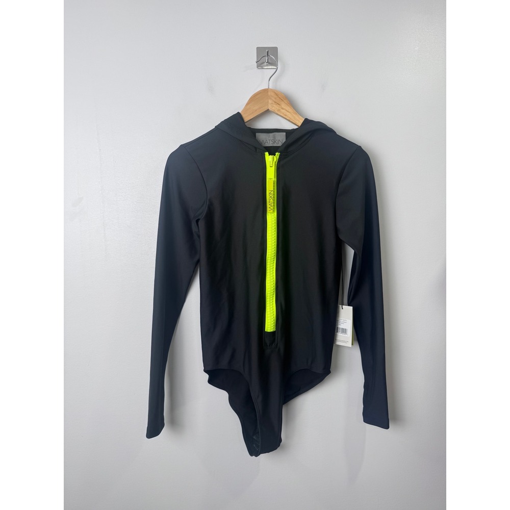 NWT Watskin Women Black Lola Bodysuit Hooded Long Sleeve Neon Zip Medium